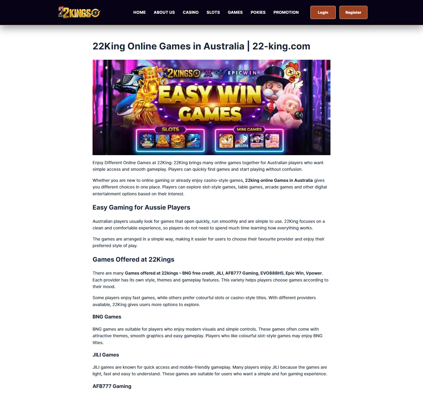 Current 22KING games section showing available game categories and providers