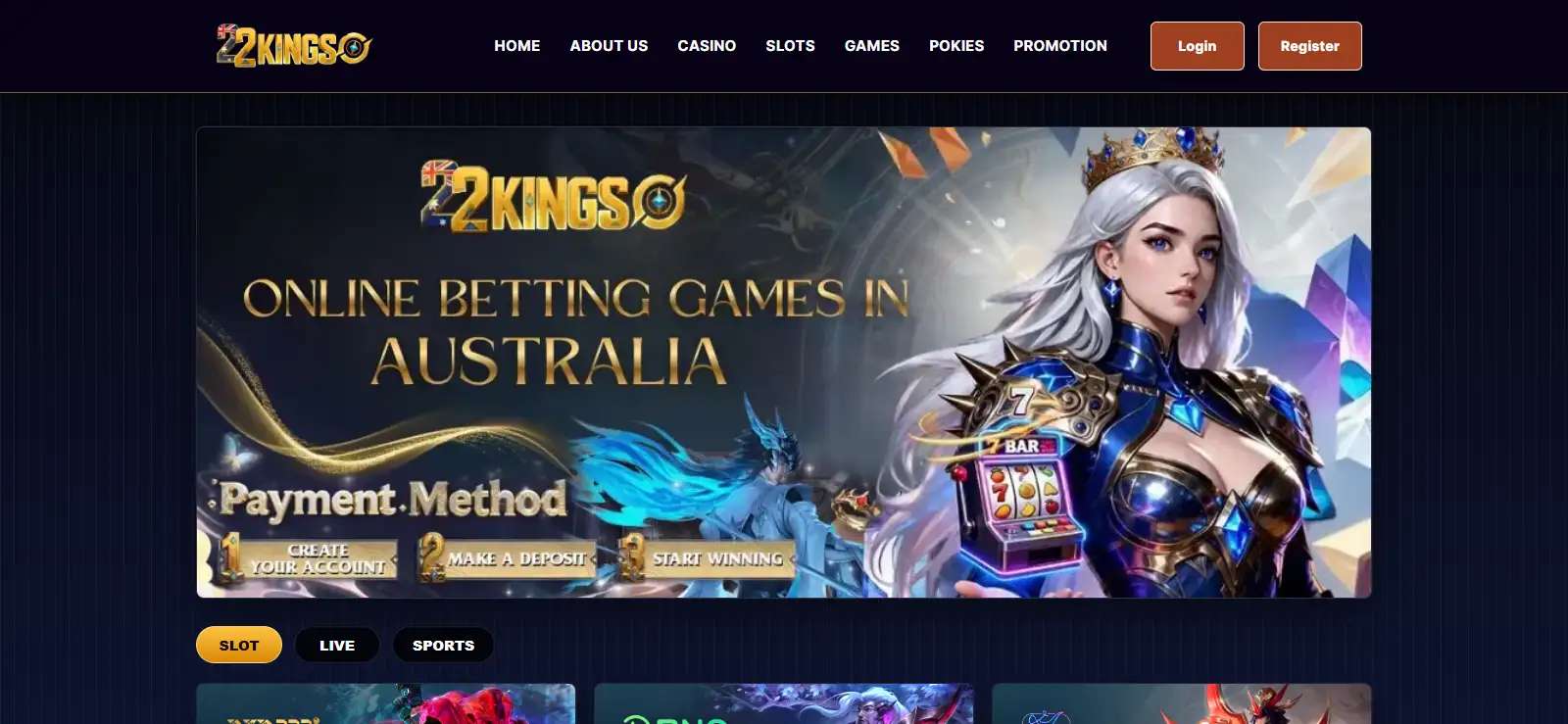 Current 22KING homepage showing Australia-focused casino content