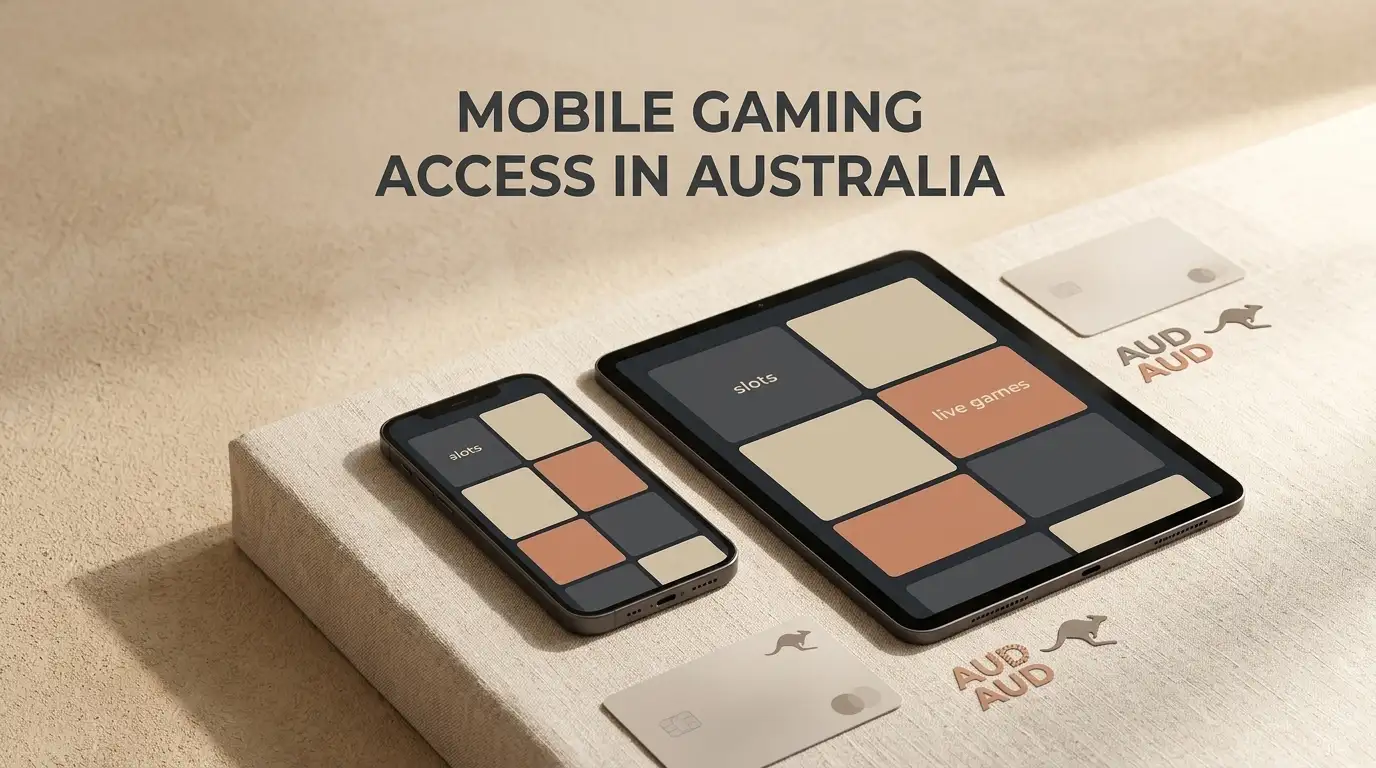 Editorial illustration of mobile casino access and Australian dollar payment concepts