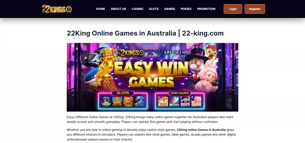 Current 22KING games and provider grid