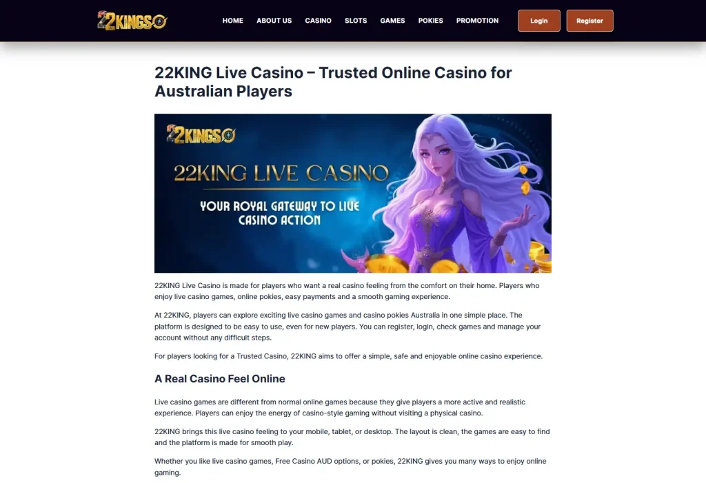 Current 22KING live casino interface for Australian users