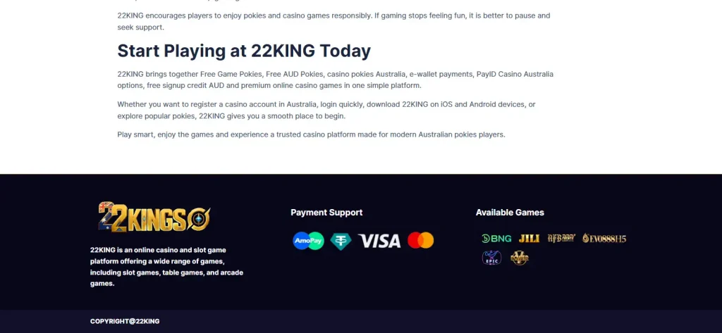 Current 22KING payment support or cashier section for Australian users