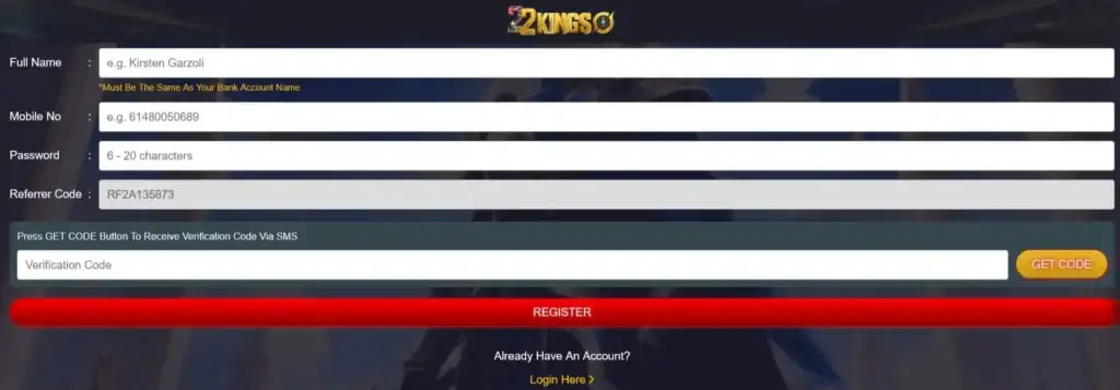 Current 22KING registration interface for Australian users