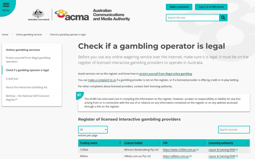 Current ACMA gambling operator legality or licensed-provider register page