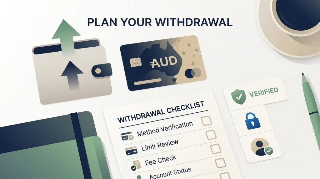Illustration of a withdrawal checklist, AUD wallet and verification status