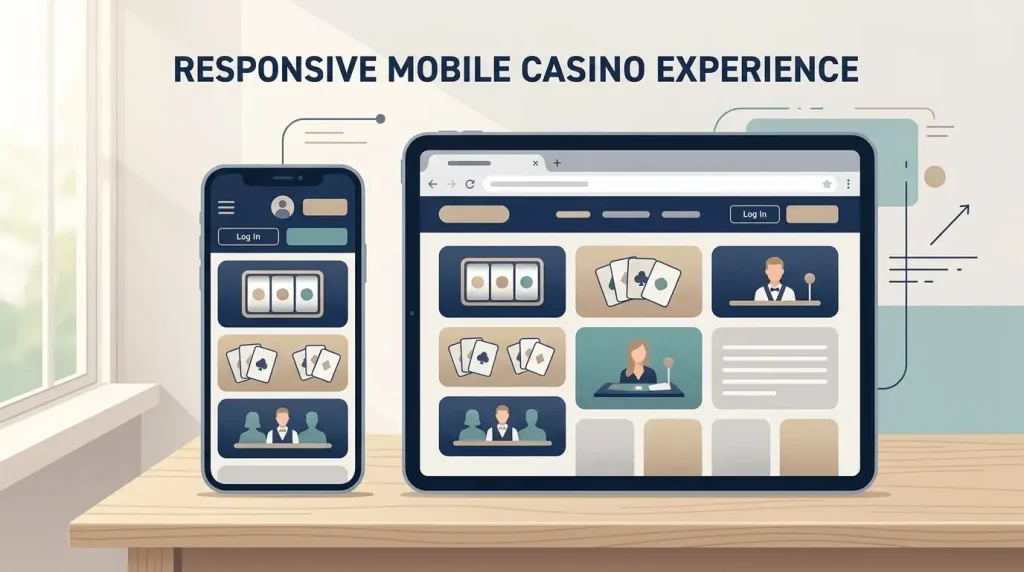Phone and tablet showing a generic responsive casino-style browser layout